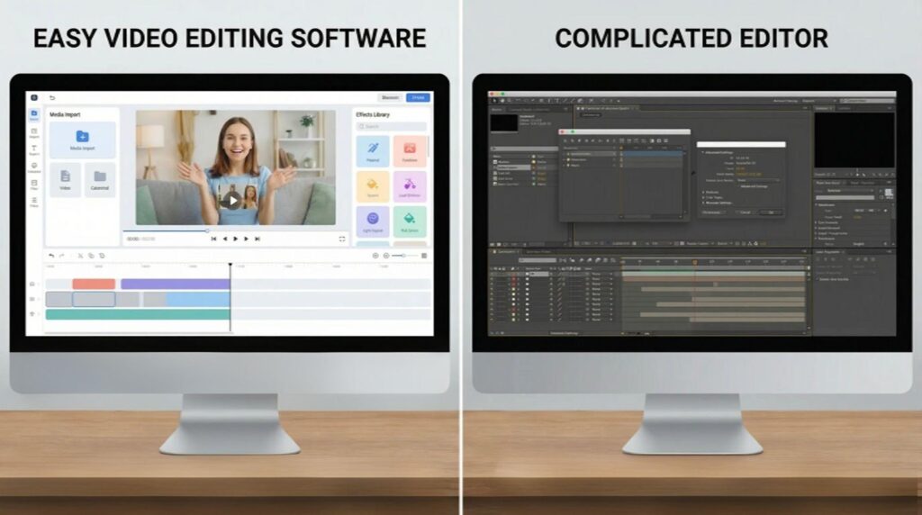 Comparison of a clean vs cluttered video editor interface showing why editor interface design matters