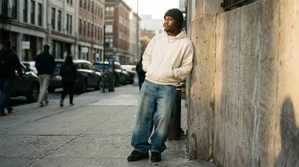 Man showing how to style a streetwear jacket with a hoodie and T-shirt