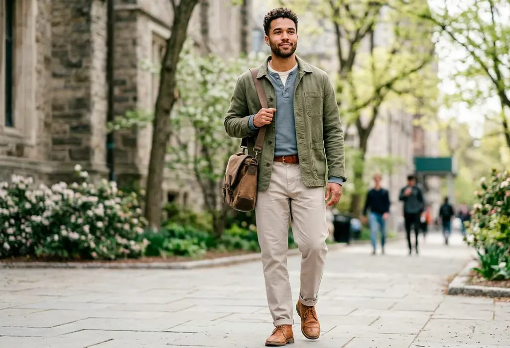 Man wearing a graphic crewneck as part of shirt outfit ideas for men