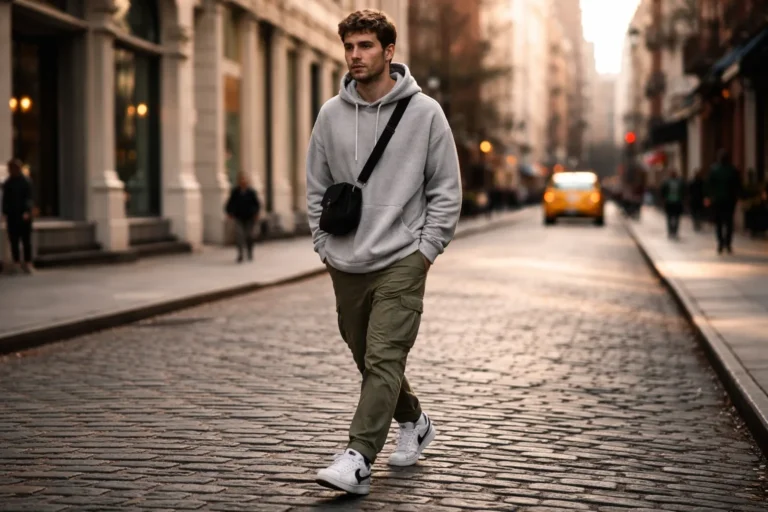 Man wearing sweatpants outfit ideas with a hoodie and sneakers in LA streetwear style